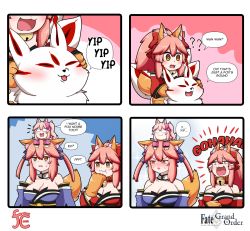 Rule 34 | 4girls, :3, ?, ??, animal ear fluff, animal ears, animal hands, bare shoulders, bell, blue bow, blue kimono, blush, bow, breasts, cat paws, cleavage, collar, collarbone, detached sleeves, embarrassed, english text, fangs, fate/grand order, fate (series), fox ears, fox girl, fox tail, glasses, gloves, grey-framed eyewear, highres, japanese clothes, jingle bell, keita naruzawa, kimono, koyanskaya (fate), koyanskaya (lostbelt beast:iv) (fate), large breasts, laughing, long hair, looking at another, looking up, multiple girls, neck bell, open mouth, paw gloves, paw shoes, pink hair, pink ribbon, ponytail, red kimono, ribbon, side ponytail, speech bubble, split ponytail, sweat, tail, tamamo (fate), tamamo cat (fate), tamamo cat (first ascension) (fate), tamamo no mae (fate/extra), tears, very long hair, yellow eyes