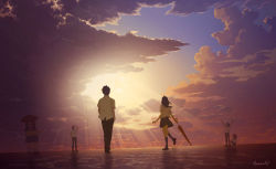 Rule 34 | 3boys, 4girls, arms up, artist name, cloud, cloudy sky, from behind, goke shike (altamira05), hand in pocket, horizon, light rays, long hair, looking up, multiple boys, multiple girls, original, outstretched arms, ponytail, scenery, school uniform, serafuku, short hair, sky, squatting, sunlight, sunset, umbrella, walking