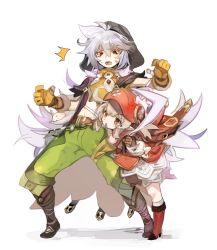 Rule 34 | 1boy, 1girl, ahoge, backpack, bag, blonde hair, cabbie hat, dress, genshin impact, gloves, grey hair, hair between eyes, hat, hat feather, hood, hood up, jumpy dumpty, klee (genshin impact), long hair, long sleeves, low twintails, open mouth, pants, pointy ears, razor (genshin impact), red dress, red eyes, red headwear, scar, scar on face, simple background, twintails, white background
