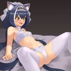 Rule 34 | 1girl, aloe (sos961111), animal ear fluff, animal ears, arm support, bed, bed sheet, black hair, bow, bow bra, bow panties, bowtie, bra, breasts, cat ears, cat girl, cat tail, choker, fang, green eyes, hair between eyes, hair ribbon, hairband, highres, karyl (princess) (princess connect!), karyl (princess connect!), long hair, low twintails, lying, multicolored hair, nervous smile, on back, on bed, open mouth, panties, princess connect!, ribbon, sheet grab, small breasts, smile, solo, spread legs, stomach, streaked hair, sweat, tail, thighhighs, twintails, underwear, underwear only, very long hair, white bow, white bra, white choker, white hair, white panties, white ribbon, white thighhighs