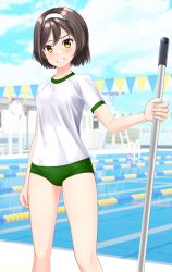 Rule 34 | 1girl, absurdres, black hair, blue sky, buruma, cloud, commentary request, cowboy shot, day, fantia commission, feet out of frame, green buruma, grin, gym shirt, gym uniform, hairband, highres, kantai collection, lane line, looking at viewer, mop, outdoors, pool, shirt, short hair, sky, smile, solo, string of flags, t-shirt, takafumi, tanikaze (kancolle), white hairband, white shirt, yellow eyes