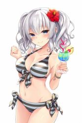 Rule 34 | 1girl, bankoku ayuya, bikini, blue eyes, blush, breasts, cherry, commentary request, cowboy shot, flower, food, front-tie bikini top, front-tie top, fruit, hair flower, hair ornament, kantai collection, kashima (kancolle), long hair, looking at viewer, medium breasts, navel, side-tie bikini bottom, silver hair, simple background, smile, solo, striped bikini, striped clothes, swimsuit, twintails, white background