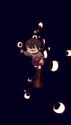 Rule 34 | 1girl, blood, blood on clothes, blood on face, blood on hands, braid, brown footwear, brown thighhighs, closed eyes, closed mouth, commentary request, disembodied eye, facing viewer, floating hair, full body, highres, kunikida kunio, loafers, long hair, long sleeves, madotsuki, nervous, pink sweater, pleated skirt, purple skirt, shoes, simple background, skirt, solo, sweat, sweater, thighhighs, walking, walking on liquid, yume nikki