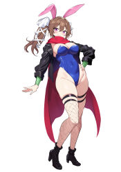 Rule 34 | 1girl, absurdres, animal ears, black footwear, breasts, brown hair, cape, cleavage, closed mouth, covered navel, fake animal ears, fishnet thighhighs, fishnets, full body, hair between eyes, highres, ichi-jirushi, large breasts, leotard, long sleeves, looking at viewer, original, playboy bunny, purple eyes, rabbit ears, red cape, shoes, side ponytail, simple background, smile, solo, thighhighs, thighs, white background