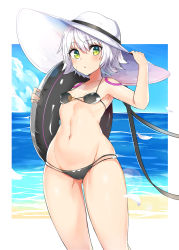 Rule 34 | 1girl, armpits, bad id, bad pixiv id, bare shoulders, bikini, black bikini, black ribbon, blue sky, blush, breasts, cloud, collarbone, day, facial scar, fate/apocrypha, fate/grand order, fate (series), gluteal fold, green eyes, groin, hair between eyes, hand on headwear, hand up, hat, hat ribbon, highres, holding, innertube, jack the ripper (fate/apocrypha), looking at viewer, luse maonang, micro bikini, navel, ocean, parted lips, petals, ribbon, scar, scar on cheek, scar on face, short hair, shoulder tattoo, sky, slit pupils, small breasts, solo, standing, stomach, sun hat, swim ring, swimsuit, tattoo, thighs, white hair, white hat