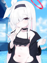 Rule 34 | 1girl, absurdres, bikini, black bikini, black choker, black coat, black eyes, black hairband, blue archive, blunt bangs, blush, breasts, choker, cleavage, coat, collarbone, commentary request, eating, food, frilled bikini, frills, groin, hair over one eye, hair ribbon, hairband, halo, halterneck, hands up, highres, holding, holding food, holding popsicle, long hair, looking at viewer, navel, open clothes, open coat, partial commentary, pinky out, plana (blue archive), popsicle, red halo, red pupils, ribbon, shiroron mochi, small breasts, solo, swimsuit, upper body, white hair, white ribbon