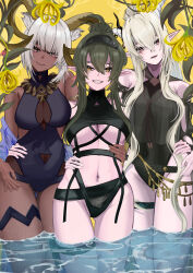 Rule 34 | 3girls, :d, absurdres, animal ears, arknights, arm around waist, bare shoulders, black hairband, black one-piece swimsuit, blonde hair, blunt bangs, breasts, brown eyes, carnelian (arknights), carnelian (shimmering dew) (arknights), casual one-piece swimsuit, cleavage, closed mouth, covered navel, dark-skinned female, dark skin, gavial (arknights), gluteal fold, goat ears, goat girl, goat horns, green hair, grey hair, grin, hair between eyes, hairband, head tilt, highres, horns, jewelry, kokawaaokawa, large breasts, long hair, looking at viewer, multiple girls, navel, necklace, official alternate costume, one-piece swimsuit, open mouth, parted lips, pointy ears, ponytail, red eyes, shining (arknights), shining (silent night) (arknights), short hair, sidelocks, simple background, smile, swimsuit, thigh gap, thigh strap, underboob, very long hair, wading, water, yellow background, yellow eyes