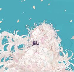 Rule 34 | 1boy, blue background, closed eyes, facing up, falling petals, fate/grand order, fate (series), fuwafuwa no inu, grin, highres, long hair, male focus, merlin (fate), messy hair, petals, robe, simple background, smile, solo, upper body, very long hair, white hair, white robe