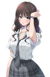 Rule 34 | 1girl, :3, :p, arm at side, arm up, blush, bracelet, breast pocket, breasts, brown hair, cleavage, collarbone, collared shirt, commentary, curly sidelocks, dot nose, dress shirt, eyes visible through hair, grey eyes, grey necktie, grey skirt, hand in own hair, highres, jewelry, kakuremino7928, large breasts, looking at viewer, loose necktie, medium breasts, necklace, necktie, original, pendant, plaid, plaid necktie, plaid skirt, pocket, school uniform, shirt, shirt tucked in, short sleeves, simple background, skirt, solo, tongue, tongue out, twitter username, upper body, wavy hair, white background, white shirt