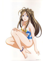 Rule 34 | 1girl, aa megami-sama, absurdres, anklet, barefoot, belldandy, blue eyes, bracelet, breasts, brown hair, cleavage, earrings, facial mark, feet, forehead mark, full body, highres, jewelry, legs, long hair, matsubara hidenori, one-piece swimsuit, parted lips, ring, shiny skin, simple background, smile, solo, swimsuit, white background