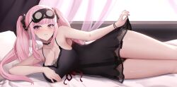Rule 34 | 1girl, absurdres, babydoll, bare shoulders, bed, bedroom, black babydoll, black choker, black mask, black panties, black scrunchie, black wristband, blunt bangs, blush, breasts, choker, cleavage, collarbone, commentary, curtains, english commentary, fingernails, hair ornament, hair scrunchie, highres, hololive, hololive english, kuutamo, lace, lace panties, large breasts, legs, long hair, looking at viewer, lying, mask, mask on head, mori calliope, mori calliope (sleepwear), nail polish, on side, panties, pillow, pink curtains, pink eyes, pink hair, pink lips, pink nails, red ribbon, ribbon, scrunchie, skull choker, skull print, sleep mask, smile, solo, thighs, twintails, underwear, virtual youtuber, wristband