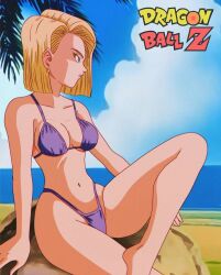 Rule 34 | 1990s (style), 1girl, android 18, arm support, barefoot, beach, bikini, blonde hair, blue eyes, breasts, cleavage, dragon ball, dragonball z, feet, highres, large breasts, navel, ocean, official style, parted lips, purple bikini, retro artstyle, short hair, sitting, solo, swimsuit, thong bikini, water