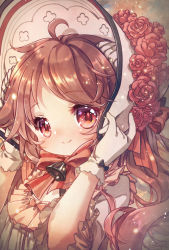 1girl ambience_synesthesia arknights bell black_bow bonnet bow brown_hair closed_mouth dress eyjafjalla_(arknights) flower gloves hand_up hat hat_flower highres keluy long_hair looking_at_viewer neck_bell official_alternate_costume parted_bangs red_eyes red_flower red_rose rose short_sleeves smile solo striped_bow white_dress white_gloves white_hat