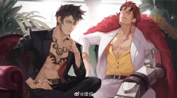 Rule 34 | 2boys, abs, absurdres, armchair, backlighting, bare pectorals, belt, black coat, black hair, brown belt, chair, chest tattoo, closed mouth, coat, earrings, eustass kid, feather boa, feijio yizhi, finger tattoo, hand tattoo, heart, heart tattoo, highres, indoors, jewelry, long sleeves, male focus, mechanical arms, multiple boys, one piece, open clothes, open coat, pants, pectorals, plant, scar, scar across eye, scar on face, shirt, single mechanical arm, sitting, tattoo, tinted eyewear, toned, toned male, trafalgar law, weibo logo, white coat, white pants, window, yellow shirt