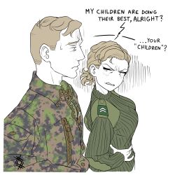 Rule 34 | 1boy, 1girl, absurdres, angry, artist logo, blonde hair, breasts, camouflage, camouflage jacket, clenched teeth, english text, finnish army, green sweater, hands on own hips, highres, jacket, large breasts, long sleeves, military, military rank insignia, military uniform, original, ostwindprojekt, partially colored, short hair, simple background, sketch, sweater, teeth, uniform, upper body, white background, zipper