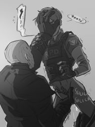 Rule 34 | 2boys, anal, bottomless, fingering, gloves, greyscale, highres, leon s. kennedy, male focus, male penetrated, monochrome, mr. x (metal gear), multiple boys, resident evil, restrained, tyrant (resident evil), yaoi