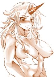 Rule 34 | 1girl, blush, grabbing another&#039;s breast, breasts, closed mouth, disembodied limb, embarrassed, fox udon, grabbing, highres, horns, hoshiguma yuugi, large breasts, long hair, monochrome, navel, nipples, nude, pointy ears, simple background, single horn, solo focus, touhou, white background