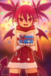 Rule 34 | 1girl, absurdres, box, christmas, cowboy shot, demon girl, demon tail, demon wings, disgaea, dress, earrings, etna (disgaea), gift, gift box, gloves, highres, hiyumi x, holding, holding gift, jewelry, looking at viewer, makai senki disgaea, open mouth, pointy ears, red dress, red eyes, red hair, red thighhighs, santa dress, scarf, smile, solo, tail, thighhighs, twintails, wings