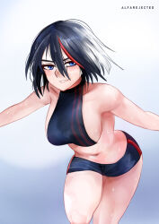 Rule 34 | 1girl, absurdres, alfarejected, armpits, bare legs, bare shoulders, bent over, black hair, blue eyes, blush, breasts, gradient background, hair between eyes, highres, kill la kill, looking to the side, matoi ryuuko, medium breasts, messy hair, multicolored hair, navel, outstretched arms, panties, parted lips, short hair, short shorts, shorts, sideboob, signature, simple background, smile, streaked hair, sweat, trigger (company), two-tone hair, underwear, wet, wet hair