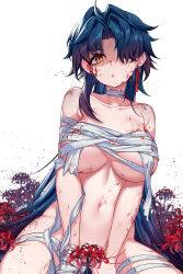 Rule 34 | 1girl, artist name, bandage on neck, bandaged arm, bandaged leg, bandages, bare shoulders, blade (honkai: star rail), blood, blood on clothes, blood on face, blood splatter, blue hair, breasts, clenched teeth, collarbone, convenient censoring, dirty, dirty face, dried blood, earrings, flower, genderswap, genderswap (mtf), gendo0032, hair over one eye, highres, honkai: star rail, honkai (series), implied murder, jewelry, large breasts, long hair, looking at viewer, messy hair, navel, nude, open mouth, red flower, sarashi, shaded face, teeth, thighs, very long hair, white background