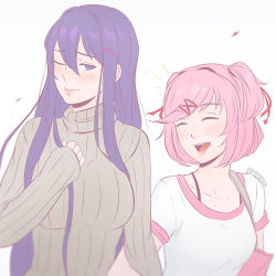 Rule 34 | 2girls, :d, ;&gt;, ^^^, ^ ^, artist name, bag, blush, breasts, closed eyes, closed mouth, commentary, doki doki literature club, grey sweater, hair ornament, hairclip, koyorin, long hair, looking at viewer, medium breasts, multiple girls, natsuki (doki doki literature club), one eye closed, open mouth, pink hair, purple eyes, purple hair, ribbed sweater, shirt, short hair, short sleeves, sleeves past wrists, smile, sweater, swept bangs, two side up, very long hair, white background, white shirt, yuri (doki doki literature club)