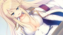 Rule 34 | 1girl, aisare roommate, belt, blonde hair, blue eyes, breasts, cleavage, fumii, game cg, genzouin emiri, jacket, large breasts, long hair, looking at viewer, open mouth, serious, solo, standing, yu-ta