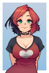 Rule 34 | 1girl, arms behind back, black choker, black hair, breasts, choker, cleavage, collarbone, commentary, english commentary, green eyes, highres, large breasts, looking at viewer, monorus, multicolored hair, original, parted bangs, raglan sleeves, red hair, remi (monorus), short hair, short sleeves, smile, solo, two-tone hair, upper body