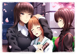 Rule 34 | 3girls, absurdres, blunt bangs, blush, brown eyes, brown hair, bush, casual, cherry blossoms, closed eyes, family, formal, girls und panzer, highres, hug, long hair, long sleeves, miraino tsubasa, mother and daughter, multiple girls, nishizumi maho, nishizumi miho, nishizumi shiho, one eye closed, ooarai school uniform, open mouth, pant suit, pants, school uniform, short hair, siblings, sisters, smile, straight hair, suit