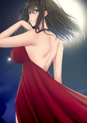 Rule 34 | 1girl, absurdres, backless dress, backless outfit, bare shoulders, blue eyes, breasts, commentary request, dress, full moon, fuurin restia, highres, idolmaster, idolmaster cinderella girls, impossible clothes, impossible dress, large breasts, long hair, looking at viewer, looking back, moon, night, night sky, red dress, sagisawa fumika, sky, sleeveless, sleeveless dress, solo, star (sky), starry sky