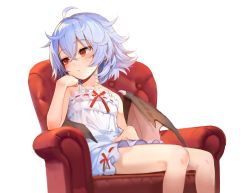 Rule 34 | 1girl, ahoge, bare arms, bare shoulders, bat wings, blue hair, camisole, commentary request, couch, eho (icbm), hair between eyes, half-closed eyes, highres, looking to the side, medium hair, messy hair, red eyes, remilia scarlet, simple background, sitting, solo, touhou, white background, wings