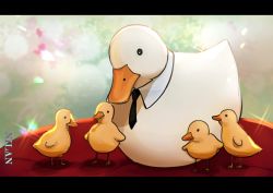 Rule 34 | animal, animal focus, artist name, bird, black eyes, black necktie, detached collar, duck, duckling, father and son, highres, letterboxed, looking at another, mafiaduck (nilan), necktie, nilan 1999, no humans, original, sitting