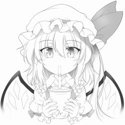 Rule 34 | 1girl, blush, closed mouth, cocktail, cocktail glass, collar, collared shirt, crystal, cup, dress, drink, drinking, drinking glass, eyes visible through hair, flandre scarlet, frills, greyscale, hair between eyes, hands up, hat, hat ribbon, highres, jewelry, looking down, marukyuu ameya, mob cap, monochrome, one side up, puffy short sleeves, puffy sleeves, ribbon, shirt, short hair, short sleeves, simple background, solo, touhou, upper body, white background, wings, wrist cuffs