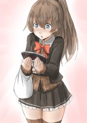 Rule 34 | 1girl, bag, blazer, blue eyes, brown hair, brown jacket, brown skirt, brown thighhighs, cardigan, commentary request, cowboy shot, frilled skirt, frills, gradient background, high ponytail, highres, jacket, kamaboko senshi, kantai collection, kumano (kancolle), long hair, magazine (object), open mouth, pink background, plastic bag, pleated skirt, ponytail, reading, red neckwear, school uniform, skirt, solo, standing, thighhighs
