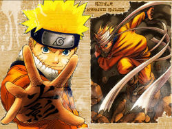 Rule 34 | 1boy, blonde hair, blue eyes, closed mouth, facial mark, kanji, logo, looking at viewer, male focus, naruto, naruto (series), ninja, outstretched arm, smirk, spiked hair, spread fingers, uniform, upper body, uzumaki naruto, whisker markings