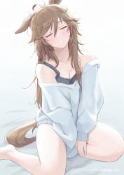 Rule 34 | 1girl, alternate costume, animal ears, artist name, bare shoulders, black tank top, breasts, brown hair, cleavage, closed eyes, commentary request, drooling, facing viewer, highres, horse ears, horse girl, horse tail, light blush, long hair, long sleeves, medium breasts, messy hair, mouth drool, mr. c.b. (umamusume), mukakin, off-shoulder sweater, off shoulder, parted lips, puffy sleeves, simple background, sitting, sleepy, solo, strap slip, sweater, tail, tank top, umamusume, very long hair, waking up, wariza, white background, white sweater