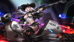 Rule 34 | 1girl, arm tattoo, ashe (overwatch), belt, black footwear, black gloves, black hat, black necktie, black skirt, black thighhighs, blurry, blurry background, boots, breasts, buttons, cleavage, collared shirt, commentary, cowboy hat, crop top, cuffs, earrings, eyeliner, fingerless gloves, garter straps, gloves, gun, handcuffs, handgun, hat, highres, holster, jewelry, knee pads, liang xing, lips, lipstick, looking to the side, makeup, medium breasts, medium hair, messy hair, midriff, miniskirt, mole, mole above mouth, motor vehicle, motorcycle, nail polish, necktie, night, nose, outstretched arm, overwatch, overwatch 1, pocket, police, rain, red eyes, red lips, revolver, sheriff badge, shirt, short hair, sitting, skirt, sleeves rolled up, smoke, smoking gun, solo, tattoo, thighhighs, traffic cone, weapon, white hair, white shirt, wind