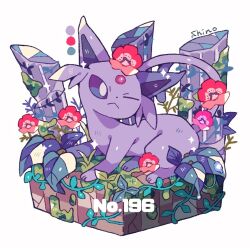 Rule 34 | ;&lt;, artist name, bright pupils, color guide, commentary request, creatures (company), espeon, faux figurine, flower, forehead jewel, game freak, gen 2 pokemon, grass, leaf, moss, nintendo, no humans, one eye closed, pillar, plant, pokedex number, pokemon, pokemon (creature), purple eyes, red flower, shino (shinoru p), simple background, solo, sparkle, vines, white background, white pupils