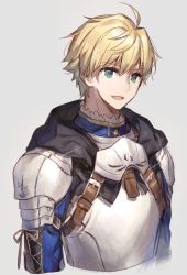 Rule 34 | 1boy, ahoge, armor, arthur pendragon (fate), bad id, bad twitter id, blonde hair, breastplate, chocoan, fate/prototype, fate (series), gauntlets, green eyes, looking at viewer, male focus, open mouth, short hair, simple background, solo