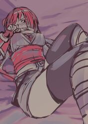 Rule 34 | 1girl, black thighhighs, blush, breasts, fishnets, grel (r6hgvu5), japanese clothes, looking at viewer, medium breasts, nel zelpher, ninja, official alternate costume, red hair, scarf, short hair, skirt, solo, star ocean, star ocean till the end of time, tattoo, thighhighs