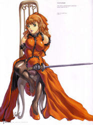 Rule 34 | absurdres, black legwear, breasts, chair, detached sleeves, dress, frills, gloves, green eyes, hair ribbon, high heels, highres, impossible clothes, impossible dress, joan kartright, kim hyung tae, korean, large breasts, leg up, lips, lipstick, long hair, makeup, official art, orange hair, oxide, ribbon, ringlets, scan, shiny clothes, shoes, simple background, sitting, smile, solo, strap, sword, thighhighs, the war of genesis, the war of genesis iii, wavy hair, weapon