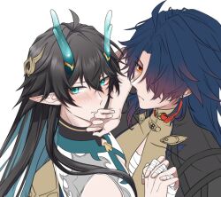 Rule 34 | 2boys, ahoge, bandaged hand, bandages, black hair, blade (honkai: star rail), blush, chest sarashi, chinese clothes, closed mouth, colored inner hair, covering own mouth, dan heng (honkai: star rail), dan heng (imbibitor lunae) (honkai: star rail), dragon boy, dragon horns, earrings, embarrassed, expressionless, eyeliner, go ya o, green eyes, green horns, hair between eyes, hair over one eye, honkai: star rail, honkai (series), horns, imminent kiss, interlocked fingers, jewelry, long hair, long sleeves, looking at viewer, makeup, male focus, multicolored hair, multiple boys, pointy ears, red eyeliner, sarashi, shy, simple background, upper body