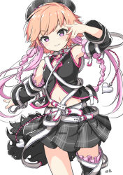 Rule 34 | 1girl, bare shoulders, belt, black shirt, black skirt, blush, braid, breasts, character name, cleavage cutout, clothing cutout, cowboy shot, detached sleeves, dot nose, flipped hair, frilled sleeves, frills, hair extensions, hand on own face, hat, idolmaster, idolmaster cinderella girls, kuresuku (lessons), light smile, long hair, multicolored hair, multiple belts, ninomiya asuka, orange hair, parted lips, pink eyes, pink hair, plaid, plaid headwear, plaid skirt, pleated skirt, shirt, short hair, sidelocks, simple background, skirt, sleeveless, small breasts, solo, swept bangs, tam o&#039; shanter, twin braids, two-tone hair, v-shaped eyebrows, white background, white belt