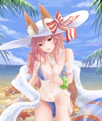 Rule 34 | 1girl, aa-aster, animal ears, beach, bikini, blue bikini, blush, breasts, cleavage, collarbone, day, ears through headwear, fang, fate/grand order, fate (series), fox ears, fox tail, hat, highres, large breasts, long hair, looking at viewer, navel, ocean, open mouth, outdoors, palm leaf, palm tree, pink hair, sitting, solo, starfish, swimsuit, tail, tamamo (fate), tamamo no mae (fate/extra), tamamo no mae (swimsuit lancer) (fate), tamamo no mae (swimsuit lancer) (second ascension) (fate), tamamo no mae (swimsuit lancer) (third ascension) (fate), tree, wet, wet clothes, white hat, yellow eyes