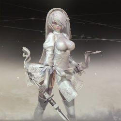 Rule 34 | 1girl, 3d, blue eyes, boots, breasts, bridal veil, cleavage, cleavage cutout, clothing cutout, dress, feather-trimmed sleeves, gloves, hair over one eye, highres, leslyzerosix, long sleeves, medium breasts, mole, mole under mouth, nier (series), nier:automata, short hair, solo, thigh boots, thighhighs, veil, white dress, white hair, white thighhighs, 2b (nier:automata)