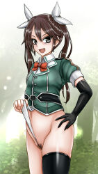 Rule 34 | 1girl, black gloves, black thighhighs, breasts, brown hair, cowboy shot, cropped jacket, elbow gloves, fang, female pubic hair, fundoshi, gloves, green jacket, hair between eyes, hair ribbon, jacket, japanese clothes, kantai collection, long hair, looking at viewer, navel, open mouth, pubic hair, puffy short sleeves, puffy sleeves, ribbon, short sleeves, single elbow glove, single thighhigh, small breasts, solo, standing, thighhighs, tk (butakuma), tone (kancolle), tone kai ni (kancolle), twintails, white ribbon