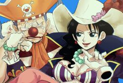 Rule 34 | 1boy, 1girl, alvida (one piece), ascot, bead bracelet, bead necklace, beads, black hair, blue hair, bracelet, buggy the clown, closed mouth, clown nose, cowboy hat, earrings, facial mark, gloves, hat, hat feather, highres, jewelry, jolly roger, lipstick, looking at another, makeup, medium hair, necklace, one piece, pirate hat, rebanira kaisan, red nose, short hair, smile, wavy hair, white gloves