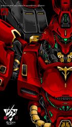 Rule 34 | 2021, artist name, atrians, black background, char&#039;s counterattack, commentary, english commentary, green eyes, gundam, highres, looking at viewer, mecha, mobile suit, one-eyed, robot, sazabi, science fiction, solo, upper body, v-fin