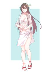 Rule 34 | 1girl, bikini, black hair, blue background, brown eyes, front-tie top, full body, hairband, haruna (kancolle), highres, jacket, kantai collection, long hair, looking at viewer, open clothes, open jacket, red footwear, sarong, solo, standing, swimsuit, toeless footwear, two-tone background, white background, white bikini, white jacket, yuuji (and)