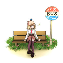 Rule 34 | 1girl, absurdres, bench, blonde hair, blue eyes, bus stop, ddolbang, deerstalker, grass, hair ornament, hat, highres, hololive, hololive english, outdoors, short hair, sign, skirt, smile, solo, thighhighs, virtual youtuber, watson amelia