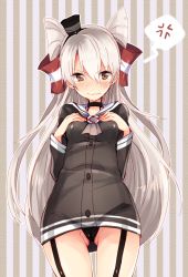 Rule 34 | 10s, 1girl, amatsukaze (kancolle), anger vein, angry, blush, breast suppress, breasts, brown eyes, dress, garter straps, hair tubes, hairband, kantai collection, kotatsu neneko, long hair, looking at viewer, panties, sailor dress, short dress, silver hair, small breasts, solo, striped, striped background, two side up, underwear, vertical stripes